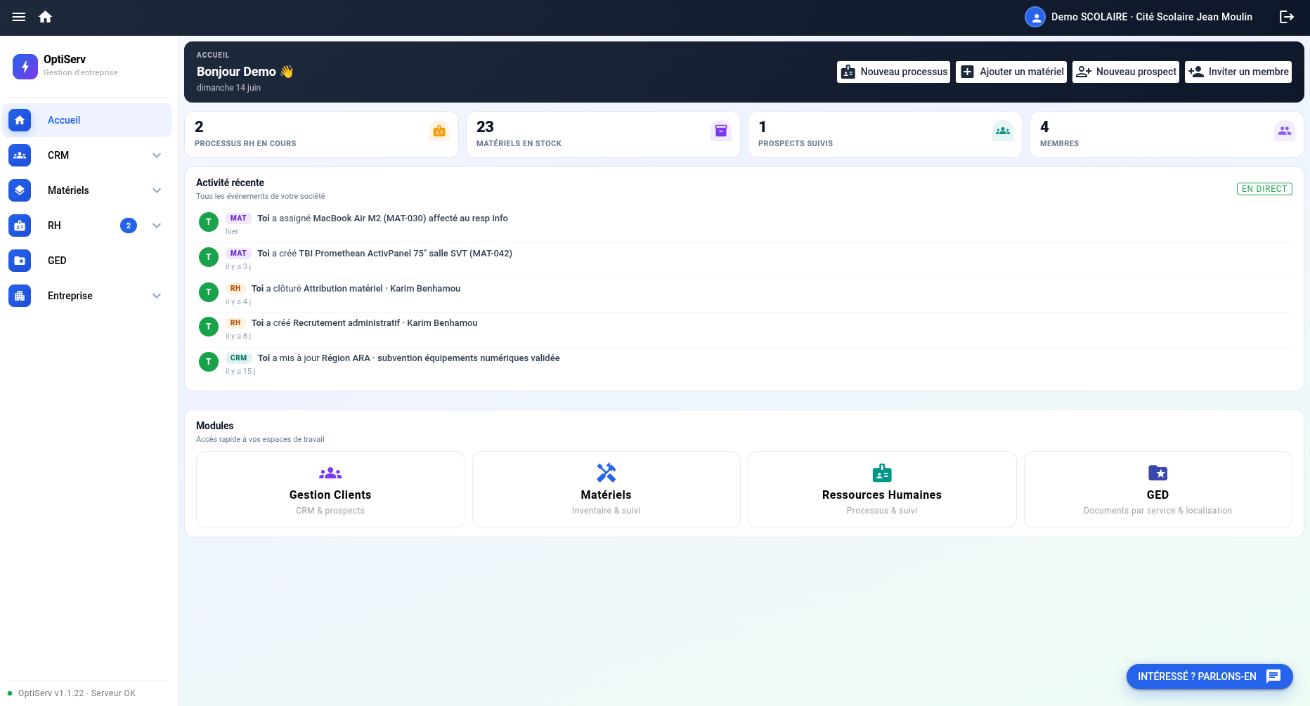 OptiServ — Tableau de bord d'accueil