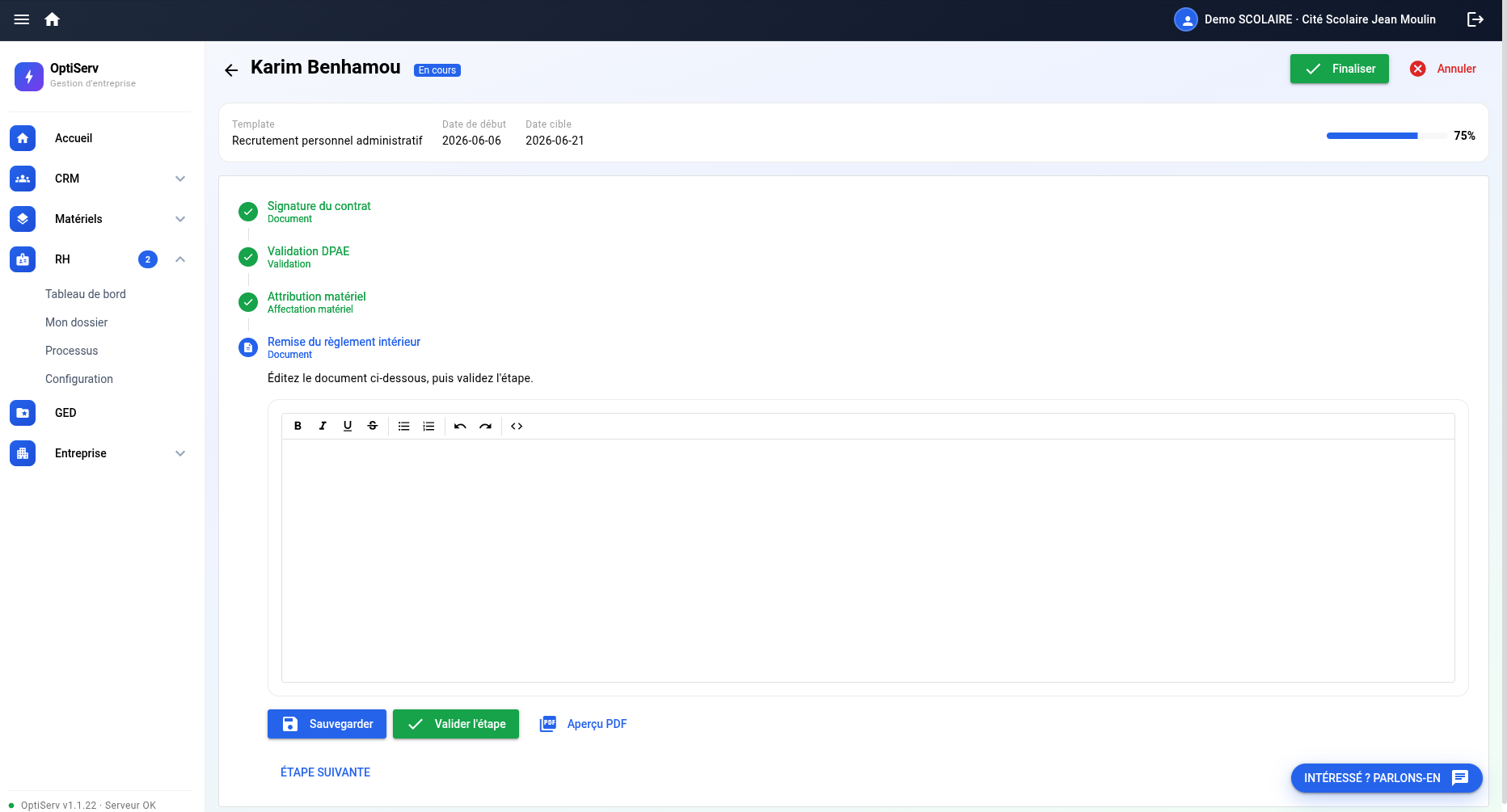 OptiServ RH — Suivi d'un processus de recrutement